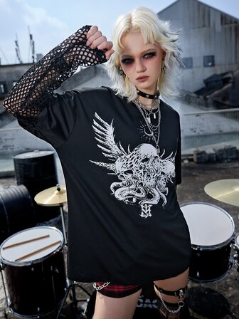 IamYouth 2 In 1 Skull & Wings Print Fishnet Drop Shoulder Tee