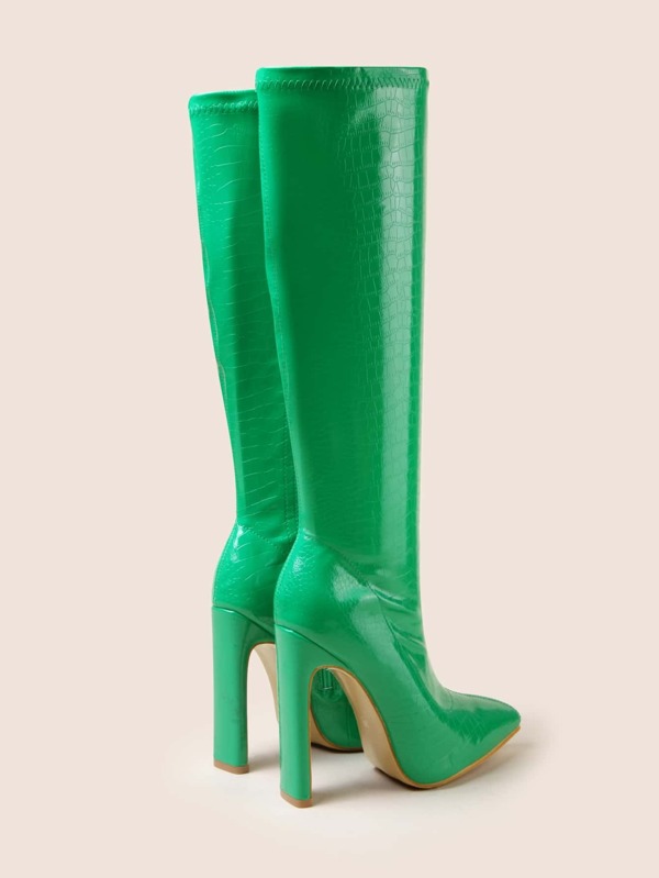 Women Crocodile Embossed Side Zip Point Toe Chunky Heeled Sock Boots