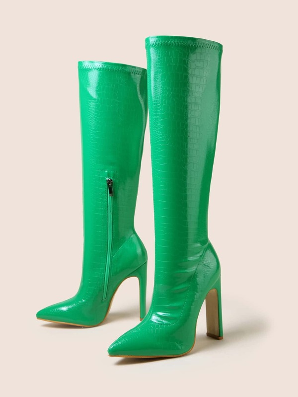 Women Crocodile Embossed Side Zip Point Toe Chunky Heeled Sock Boots