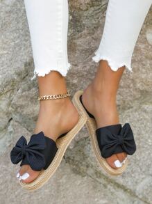 女士2025春夏经典优雅户外防滑耐磨蝴蝶结露趾拖鞋，女士沙滩度假休闲拖鞋 - 黑色 - 查看 7