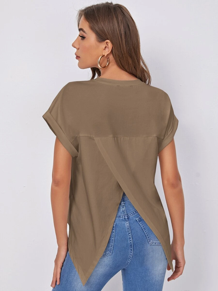 SHEIN Essnce 捲邊袖圍裹後素色T恤 - 摩卡棕 - 查看 1