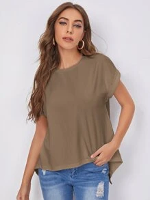 SHEIN Essnce 捲邊袖圍裹後素色T恤 - 摩卡棕 - 查看 2