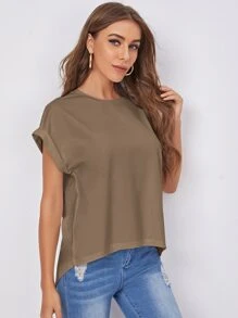 SHEIN Essnce 捲邊袖圍裹後素色T恤 - 摩卡棕 - 查看 3