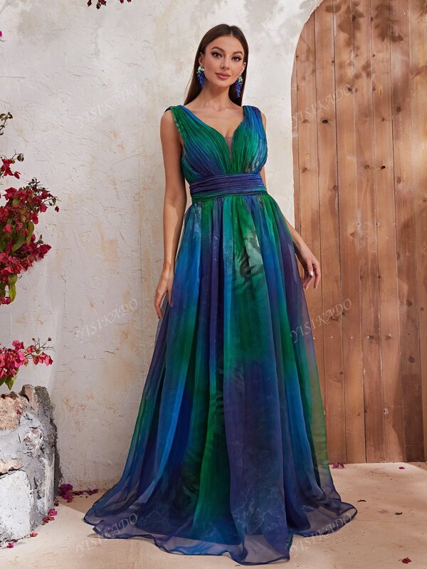 YISIKADO Plunging Neck Ombre Mesh Overlay Formal Dress