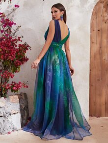 YISIKADO Plunging Neck Ombre Mesh Overlay Formal Dress - Multicolor - View 1