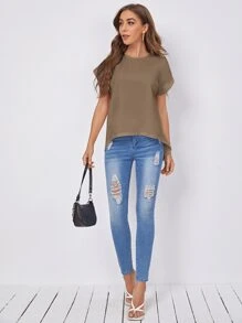 SHEIN Essnce 捲邊袖圍裹後素色T恤 - 摩卡棕 - 查看 5