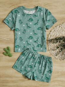 SHEIN Girls Dinosaur Print Tee & Shorts PJ Set - Mint Green - View 1