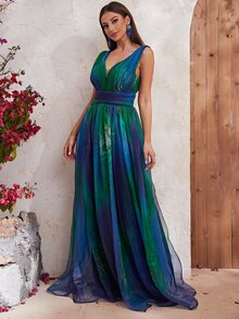 YISIKADO Plunging Neck Ombre Mesh Overlay Formal Dress - Multicolor - View 3