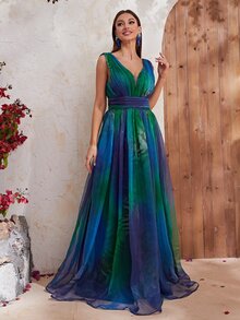 YISIKADO Plunging Neck Ombre Mesh Overlay Formal Dress - Multicolor - View 4