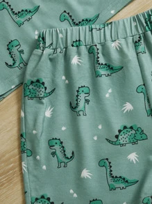 SHEIN Girls Dinosaur Print Tee & Shorts PJ Set - Mint Green - View 3
