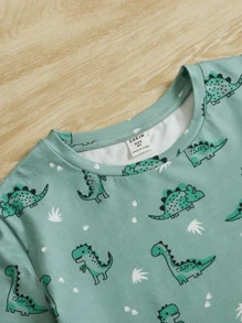 SHEIN Girls Dinosaur Print Tee & Shorts PJ Set - Mint Green - View 4