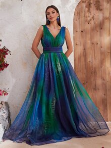 YISIKADO Plunging Neck Ombre Mesh Overlay Formal Dress - Multicolor - View 7