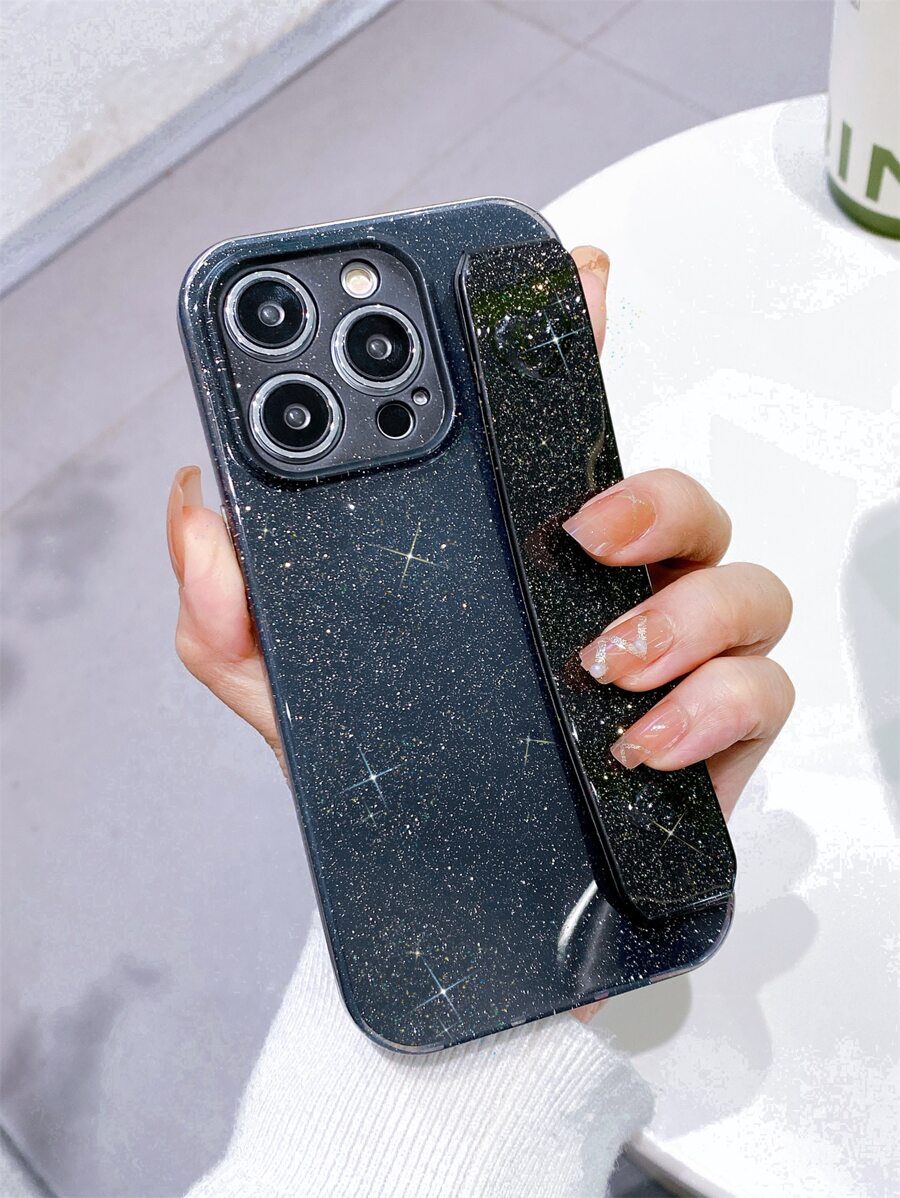 Vỏ điện thoại thạch lấp lánh có giá đỡ dây đeo cổ tay - màu đen - Xem 1