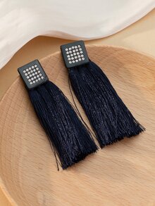 Rhinestone Decor Tassel Drop Earrings - Black - View 1