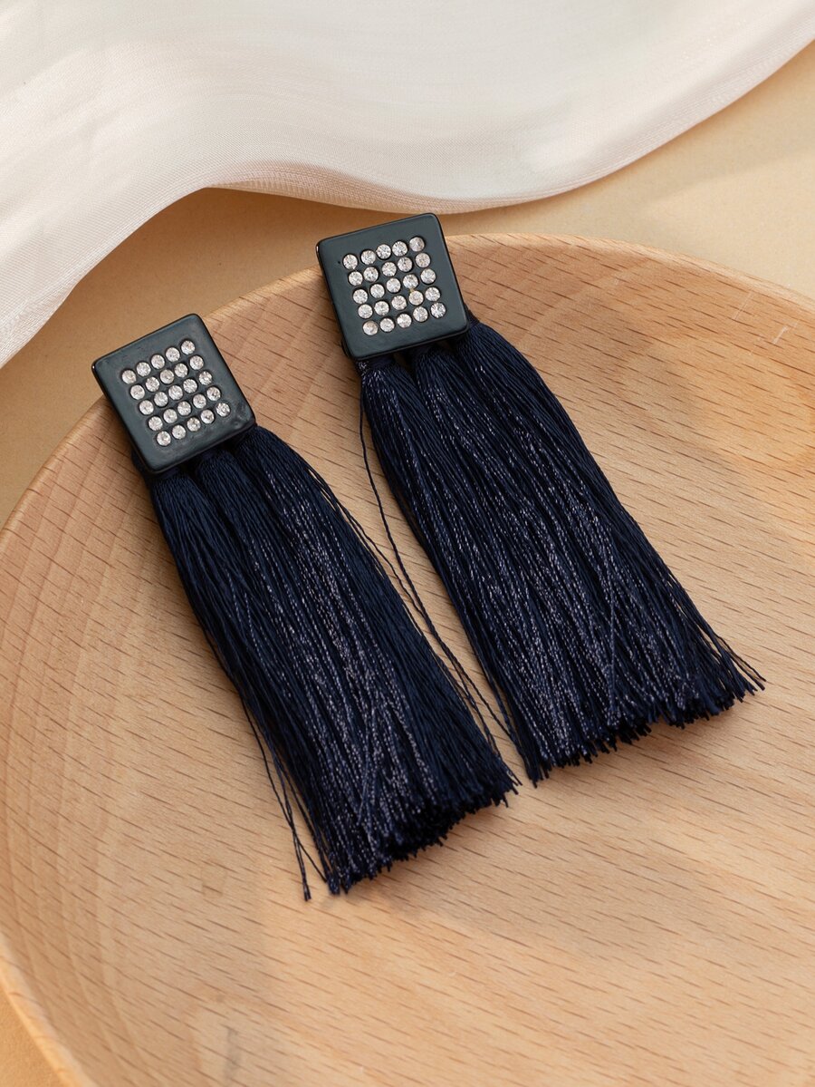 Rhinestone Decor Tassel Drop Earrings - Black - View 1