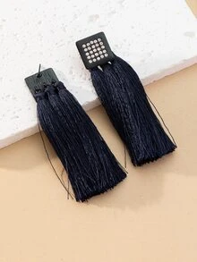 Rhinestone Decor Tassel Drop Earrings - Black - View 2