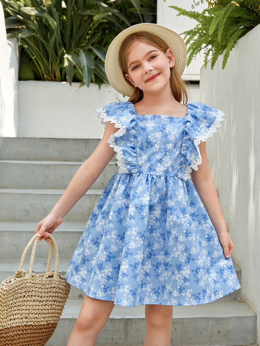 SHEIN 女孩碎花荷葉邊連衣裙 - 藍白色 - 查看 1