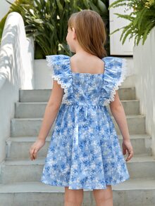 SHEIN 女孩碎花荷葉邊連衣裙 - 藍白色 - 查看 2