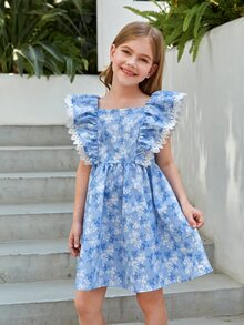 SHEIN 女孩碎花荷葉邊連衣裙 - 藍白色 - 查看 3