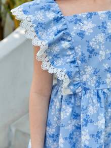 SHEIN 女孩碎花荷葉邊連衣裙 - 藍白色 - 查看 6