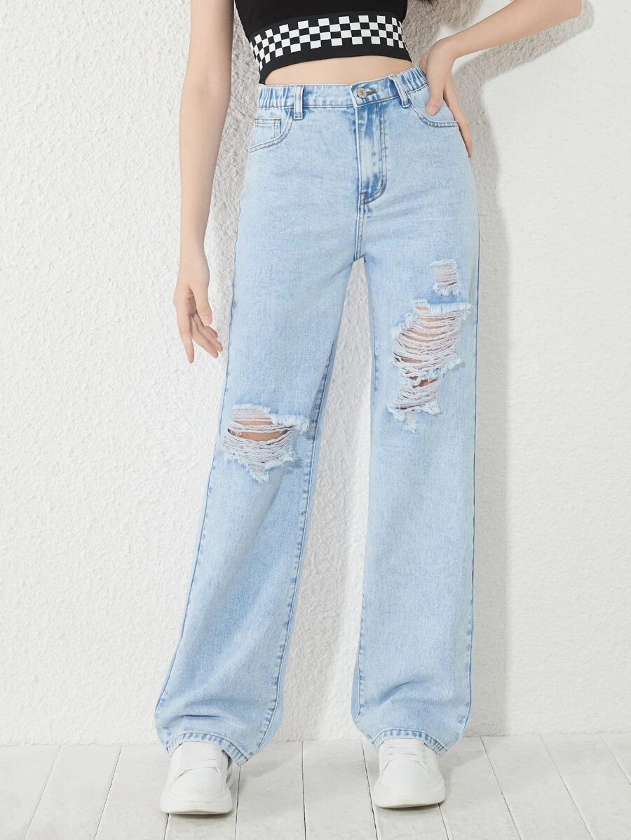 SHEIN Teen Girls Ripped Straight Leg Jeans - Light Wash - View 1
