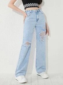 SHEIN Teen Girls Ripped Straight Leg Jeans - Light Wash - View 3
