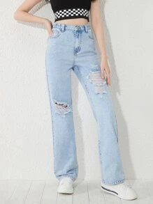 SHEIN Teen Girls Ripped Straight Leg Jeans - Light Wash - View 4