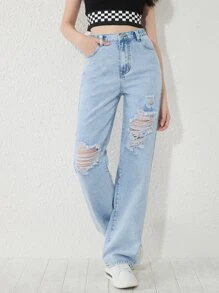 SHEIN Teen Girls Ripped Straight Leg Jeans - Light Wash - View 5
