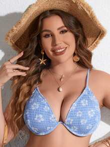 SHEIN Summer Plus Size Floral Print Smocked Underwire Bikini Top - Blue and White - View 6