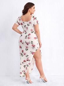 SHEIN Privé Váy xẻ đùi có dây rút in hoa Plus, mùa hè - trắng - Xem 2