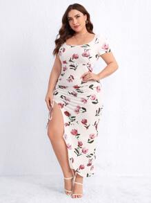 SHEIN Privé Váy xẻ đùi có dây rút in hoa Plus, mùa hè - trắng - Xem 4