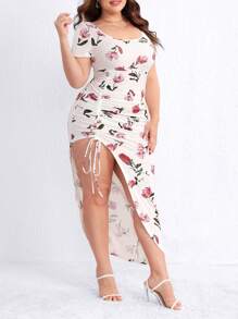 SHEIN Privé Váy xẻ đùi có dây rút in hoa Plus, mùa hè - trắng - Xem 5