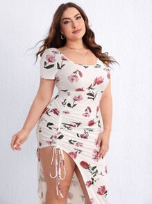 SHEIN Privé Váy xẻ đùi có dây rút in hoa Plus, mùa hè - trắng - Xem 3