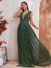 YISIKADO Vestido con cuello profundo con decoración de lentejuelas - Verde Oscuro - Ver 4