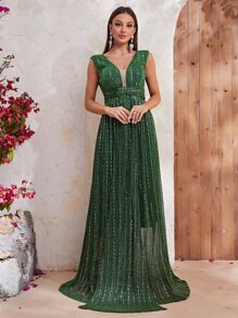YISIKADO Vestido con cuello profundo con decoración de lentejuelas - Verde Oscuro - Ver 3