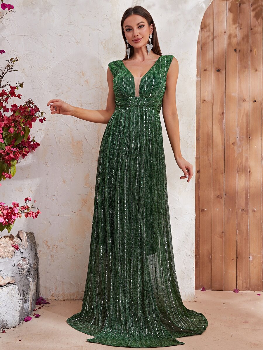 YISIKADO Vestido con cuello profundo con decoración de lentejuelas - Verde Oscuro - Ver 1