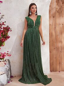 YISIKADO Vestido con cuello profundo con decoración de lentejuelas - Verde Oscuro - Ver 5