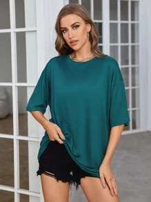 INAWLY Solid Drop Shoulder Oversized Tee, Unisex - Teal Blue - View 3