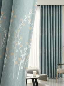 Polyester Single Panel Curtain, Cottagecore Jacquard Leaf Pattern Single Panel Blackout Curtain For Bedroom And Living Room - Blue - View 6