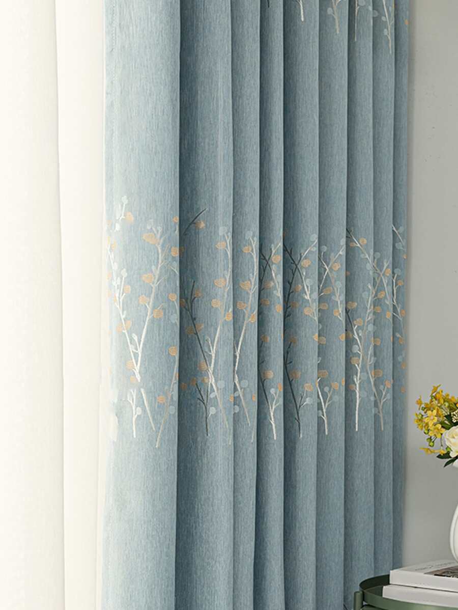 Polyester Single Panel Curtain, Cottagecore Jacquard Leaf Pattern Single Panel Blackout Curtain For Bedroom And Living Room - Blue - View 1