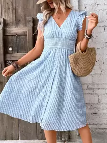 Breezaya 交疊領荷葉邊連衣裙 - 藍白色 - 查看 4