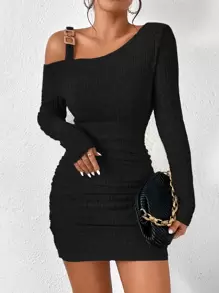 Chiquease Asymmetrical Neck Chain Detail Ruched Bodycon Dress - Black - View 1