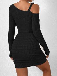 Chiquease Asymmetrical Neck Chain Detail Ruched Bodycon Dress - Black - View 2