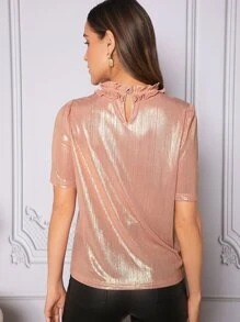 SHEIN Clasi Frill Trim Mock Neck Metallic Tee - Coral Pink - View 2
