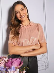SHEIN Clasi Frill Trim Mock Neck Metallic Tee - Coral Pink - View 3