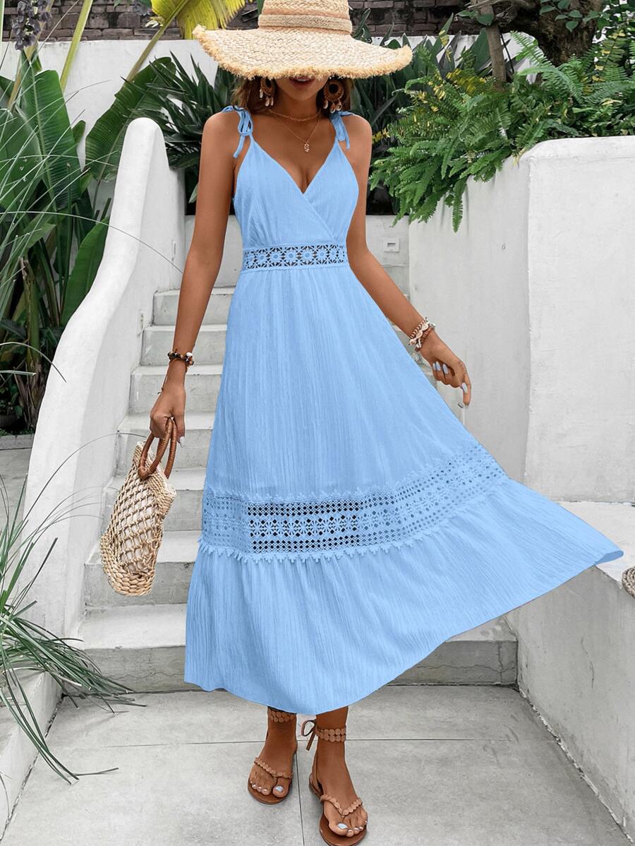 SHEIN VCAY Vestido de tirantes con encaje de hombros con cordón bajo con fruncido - Azul - Ver 1