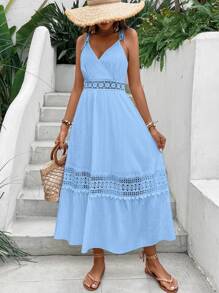 SHEIN VCAY Vestido de tirantes con encaje de hombros con cordón bajo con fruncido - Azul - Ver 4