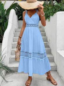 SHEIN VCAY Vestido de tirantes con encaje de hombros con cordón bajo con fruncido - Azul - Ver 6