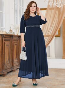 Modelyn Plus Rhinestone Decor A-line Dress - Navy Blue - View 3