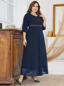 Modelyn Plus Rhinestone Decor A-line Dress - Navy Blue - View 6